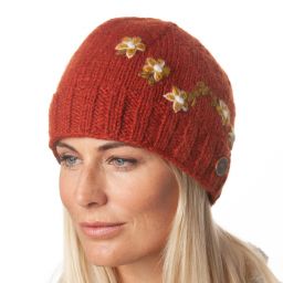 Pure Wool Hand embroidered - petite flower beanie - dark spice