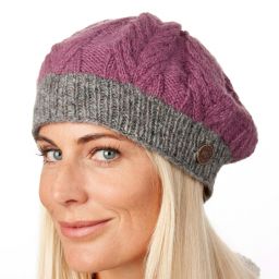 Hand knitted pure wool - fern pattern beret - mulberry/mid grey