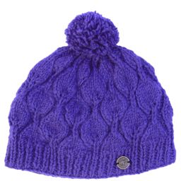 Leaf bobble hat - hand knitted - pure wool - fleece lining - deep wisteria