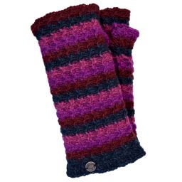 Pure wool hand knitted - curve stripe wristwarmers - Berry/smoke