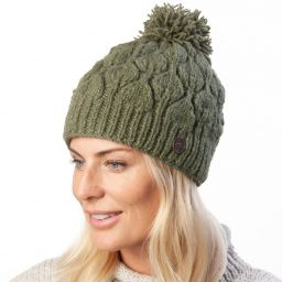 Leaf bobble hat - hand knitted - pure wool - fleece lining - sage green