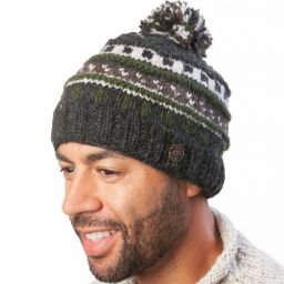 Pure wool Bobble Hat - Ridge Pattern - Grey/Green