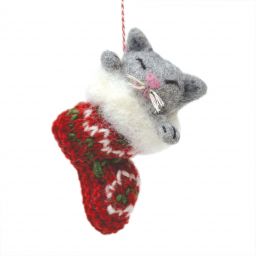 Handmade Christmas - Wool Felt Hanging Decoration - Grey Cat In Stocking