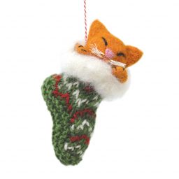 Handmade Christmas - Wool Felt Hanging Decoration - Ginger Cat In Stocking