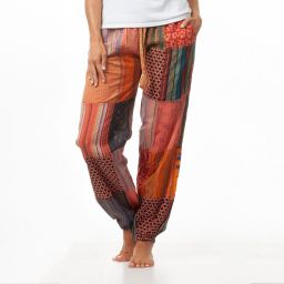 Patchwork Seersucker Cotton - Harem Trousers - Pink/Orange