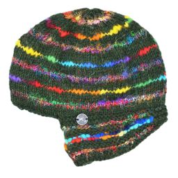 Pure Wool Half fleece lined - helmet hat - Dark Green/Rainbow