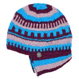Pure Wool Half fleece lined - helmet hat - Aubergine/Blue/Pink