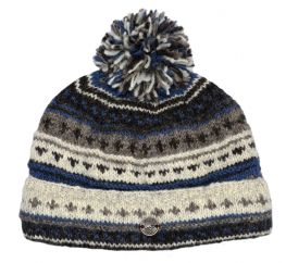 Pattern bobble turn up - hand knitted - pure wool - natural brown / blue