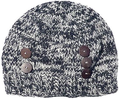 Pure Wool Half fleece lined - hand knit - two tone button beanie - Grey
