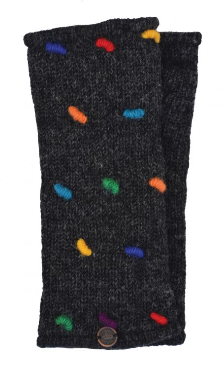 Fleece lined wristwarmers - french knot - Charcoal/Rainbow