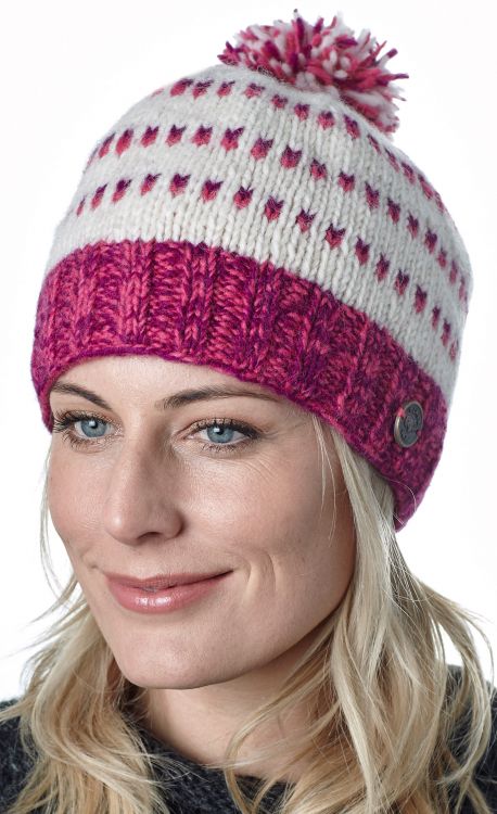 Double tick bobble hat - pure wool - pink / purple