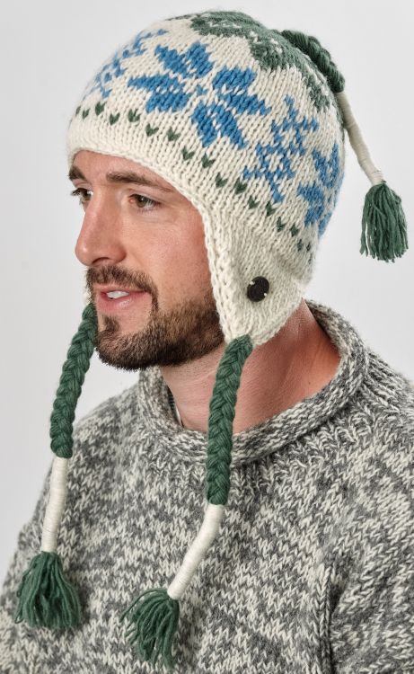 Snowflake ear flap hat - pure wool - hand knitted - fleece lining - white / green / blue