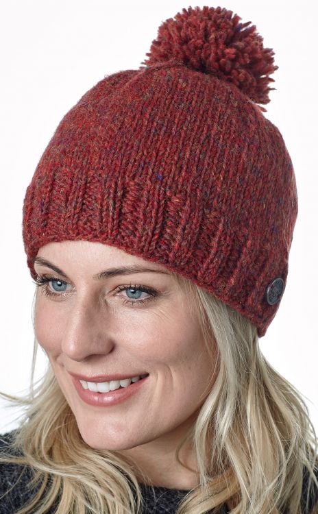 Pure Wool Plain bobble hat - hand knitted - fleece lining - rust heather
