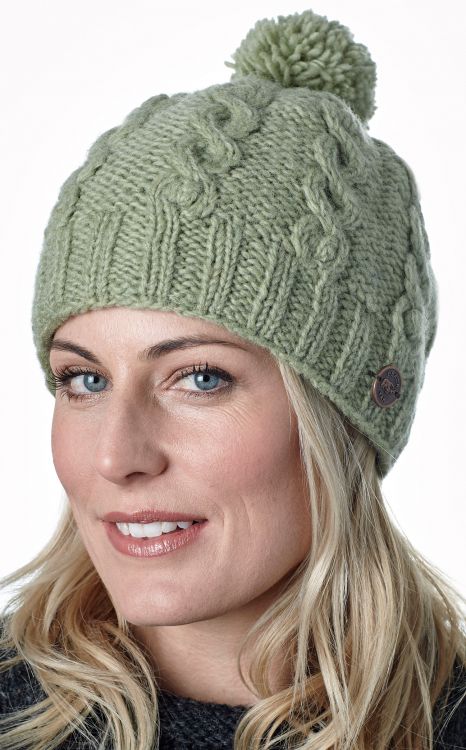 pure wool - cable bobble hat - pear green