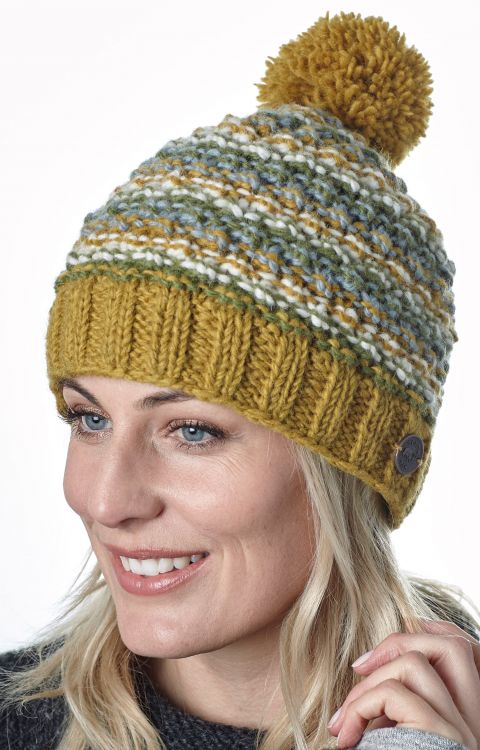 Blackberry bobble hat - hand knitted - pure wool - mustard