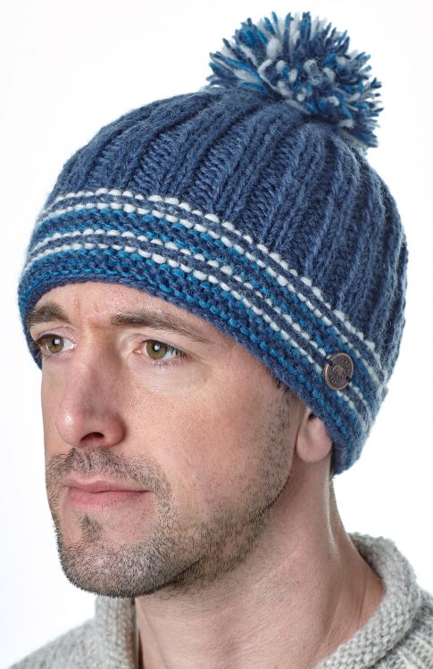 Ribbed bobble hat - pure wool - fleece lining - blue