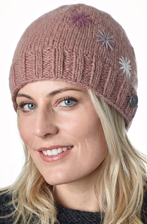 Pure Wool Hand embroidered - three star beanie - blush