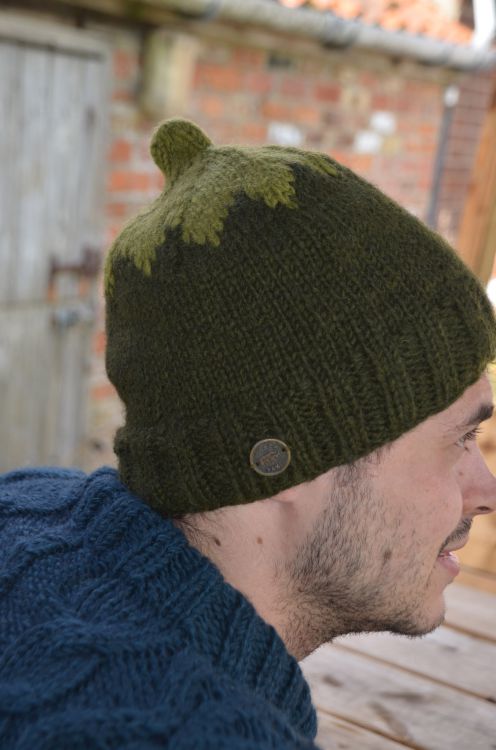 Hand knit pure wool - top notch beanie - dark/mid green
