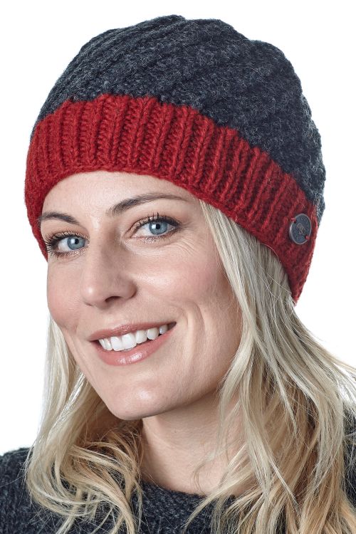 Pure wool - half fleece lined - border beanie - Charcoal/Red