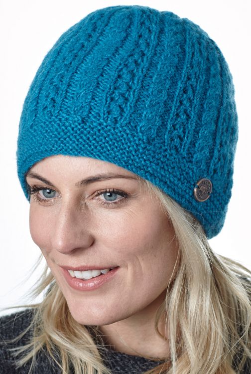 Lace cable beanie - hand knitted - pure wool - turquoise