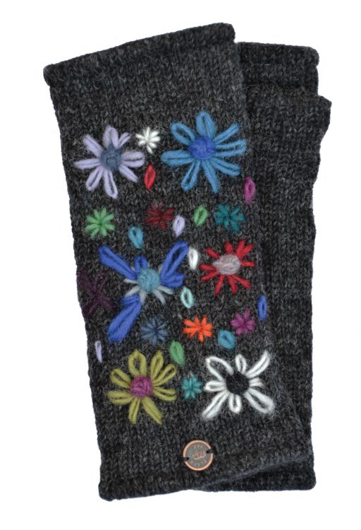 Hand embroidered flower - fleece lined - wristwarmer - Charcoal