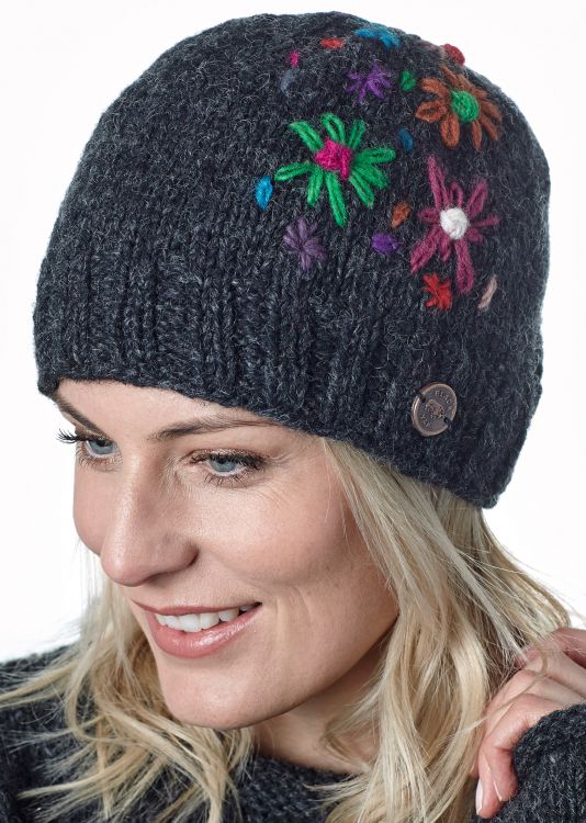 Pure Wool Hand embroidered beanie - charcoal