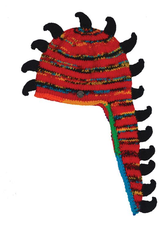 Dino hat - pure wool - hand knitted - fleece lining - electric red / black