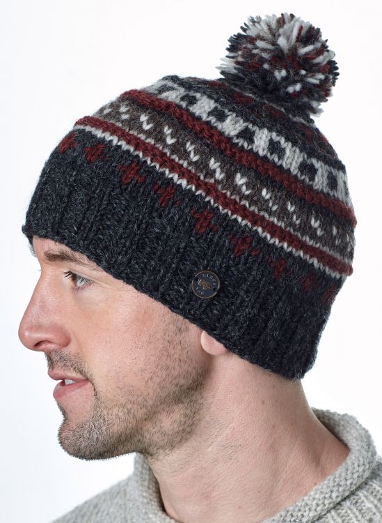 Pattern ridge bobble hat - pure wool - fleece lining - greys / brick