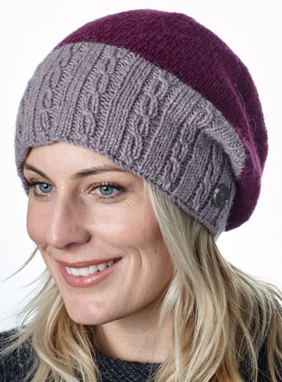 Pure Wool - Aran Rib - Baggy Beanie - Deep Berry