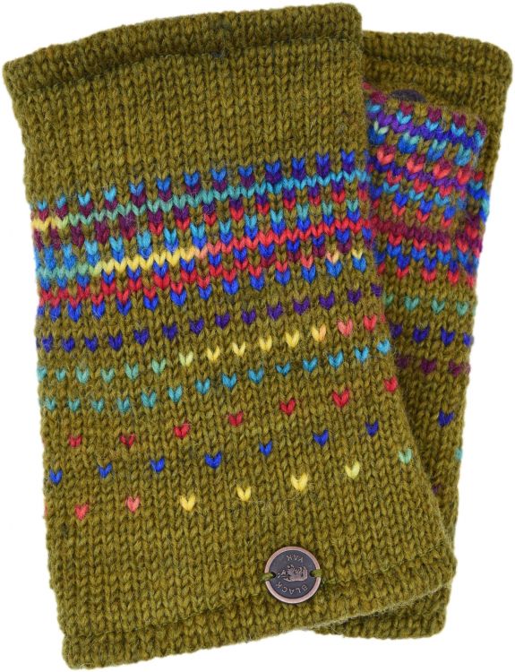 Hand knit - solar tick handwarmers - warm olive/rainbow