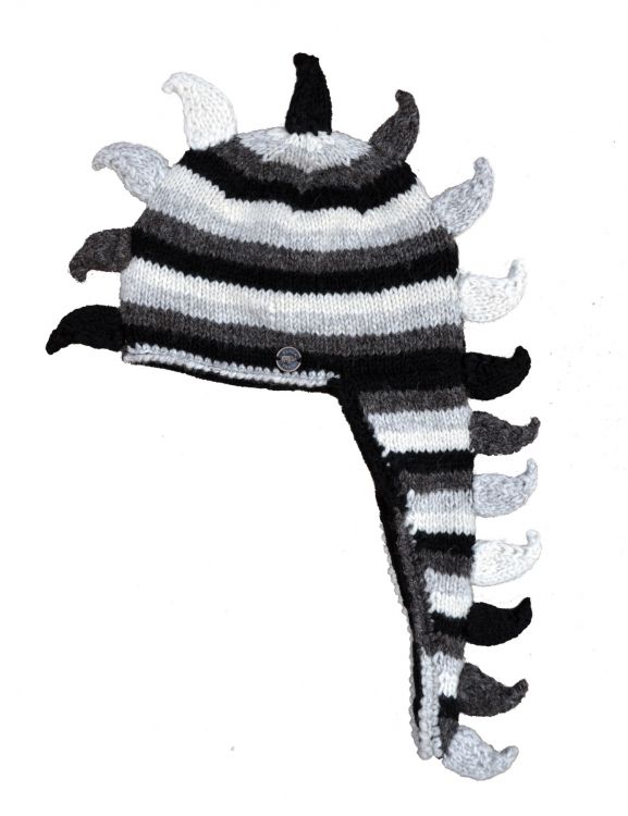 Dino hat - pure wool - hand knitted - fleece lining - grey stripes