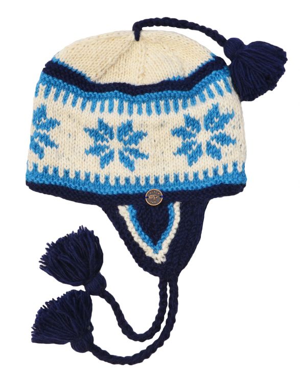 Pure Wool Hand knit - half fleece lined - snowflake tassel - ear flap hat - Blue