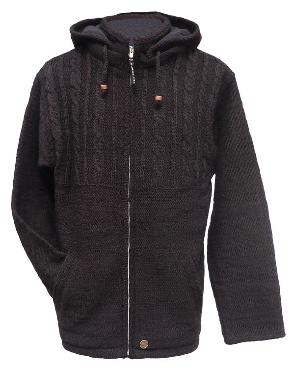 Lighter weight - detachable hood - half cabled jacket - Chocolate