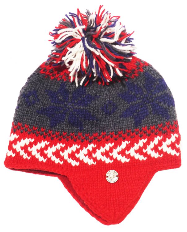 Pure Wool half fleece lined - snowflake defender hat - Blue/Red/Grey