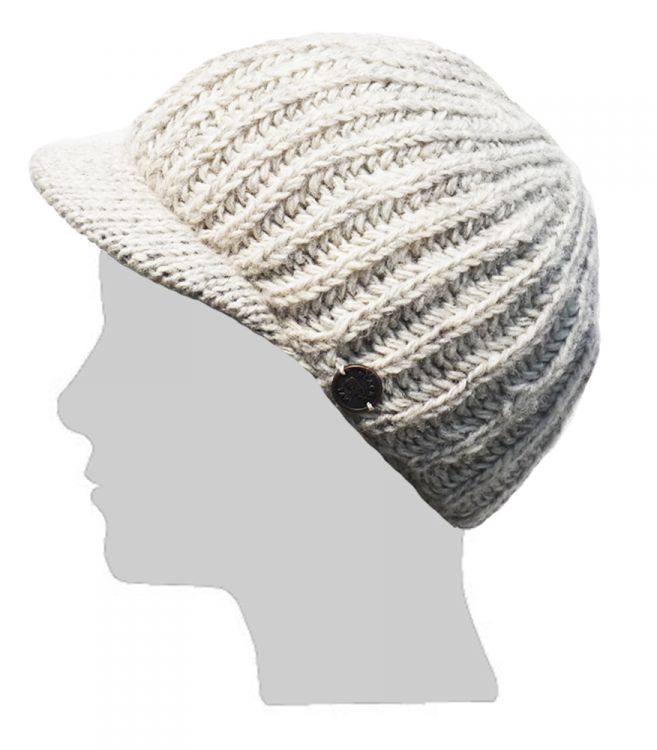 Ribbed peak hat - pure wool - hand knitted - fleece lining - pale grey