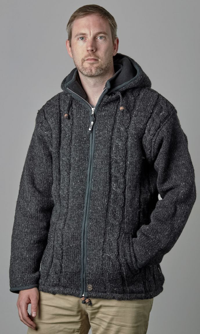Fleece lined - detachable hood - jacket - cable - Grey | Black Yak