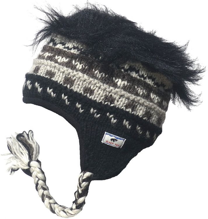 Pure Wool half fleece lined - hairy ear flap hat - Natural/Black