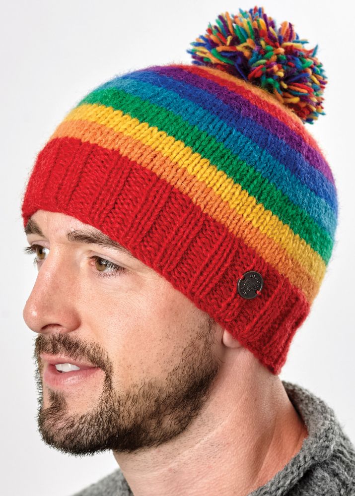 Bobble hat pure wool hand knitted fleece lining rainbow