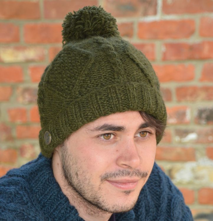 Pure Wool Celtic bobble hat - turn up - dark green