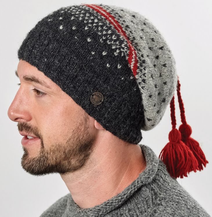 Nordic Slouch Hat - Pure Wool - Red/Mid Grey