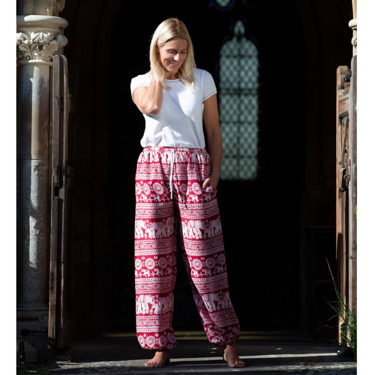 Light weight - elephant print - harem pants - red