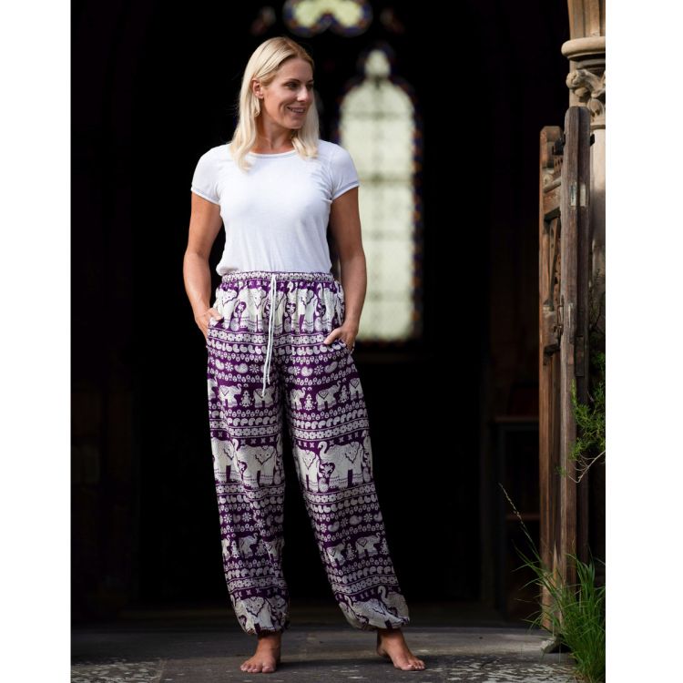 Elephant Print Harem Pants - Purple
