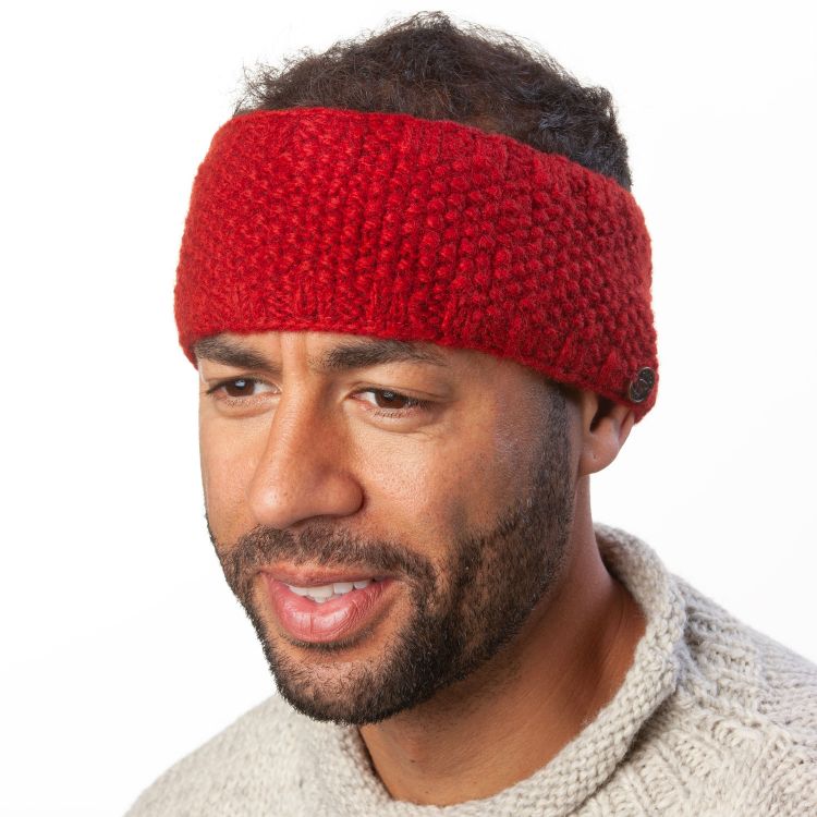 Fleece lined pure wool - moss stitch - headband - deep red