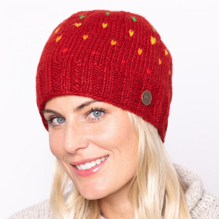 Pure Wool Rainbow tick beanie - deep red