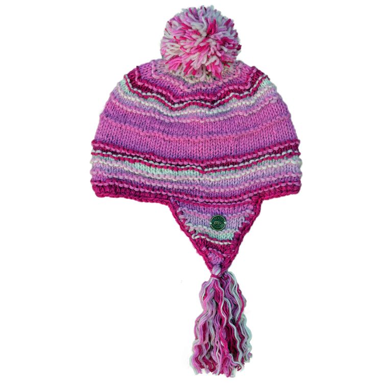 Snowboarder bobble earflap - pure wool - hand knitted - fleece lining - pink / white