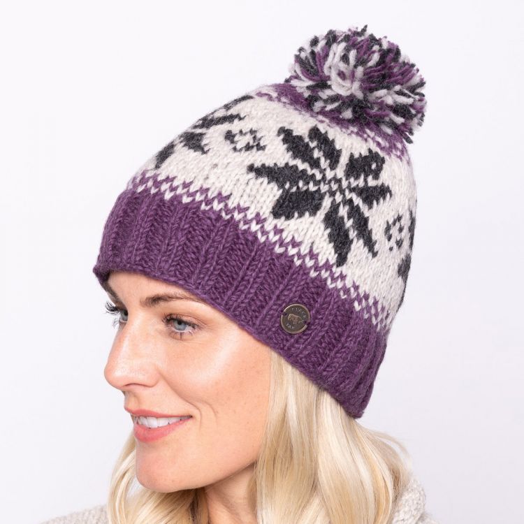 Snowflake bobble hat - pure wool - fleece lining - grape / natural