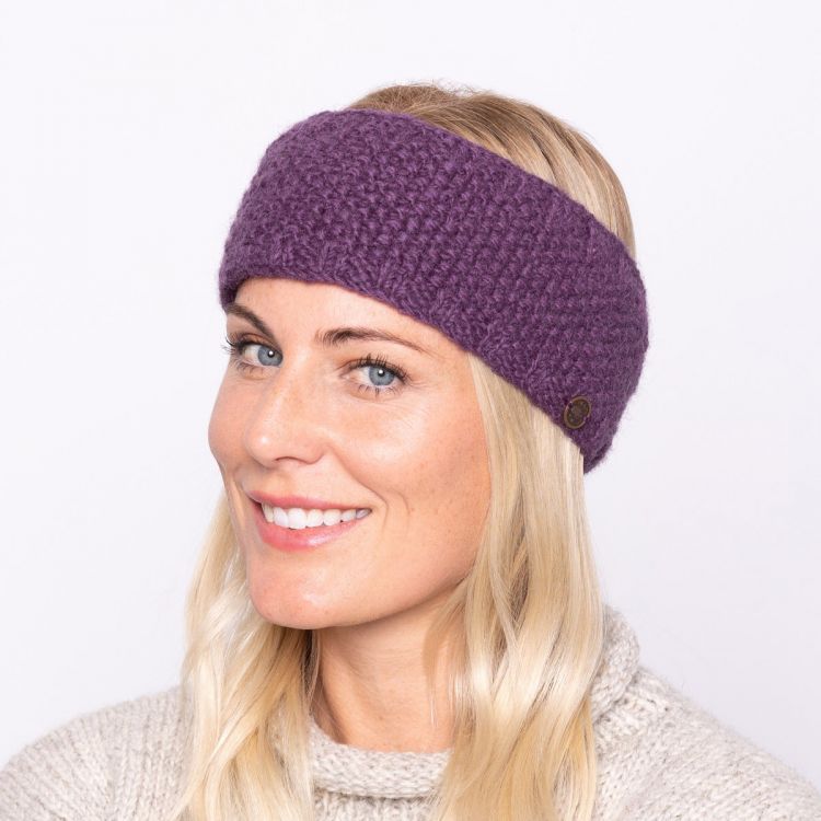 Fleece lined pure wool - moss stitch - headband - grape