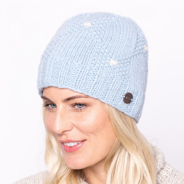 Moss stitch bow beanie - pure wool - fleece lined - pale blue