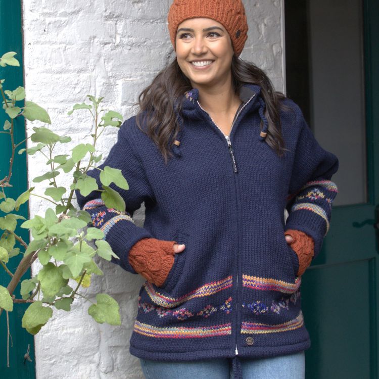 Handmade Pure Wool - tie dye diamond border jacket - dark blue