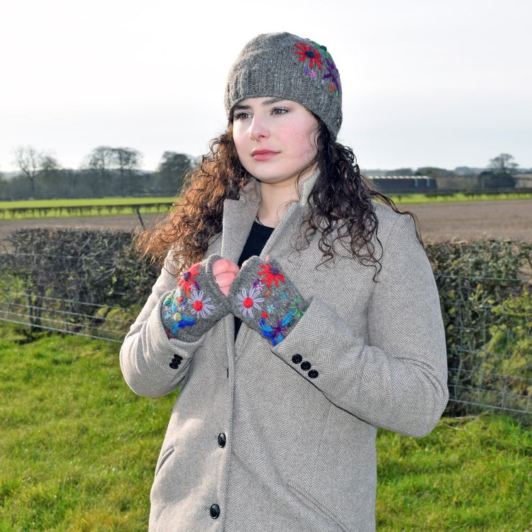 Pure Wool Hand embroidered beanie - marl brown